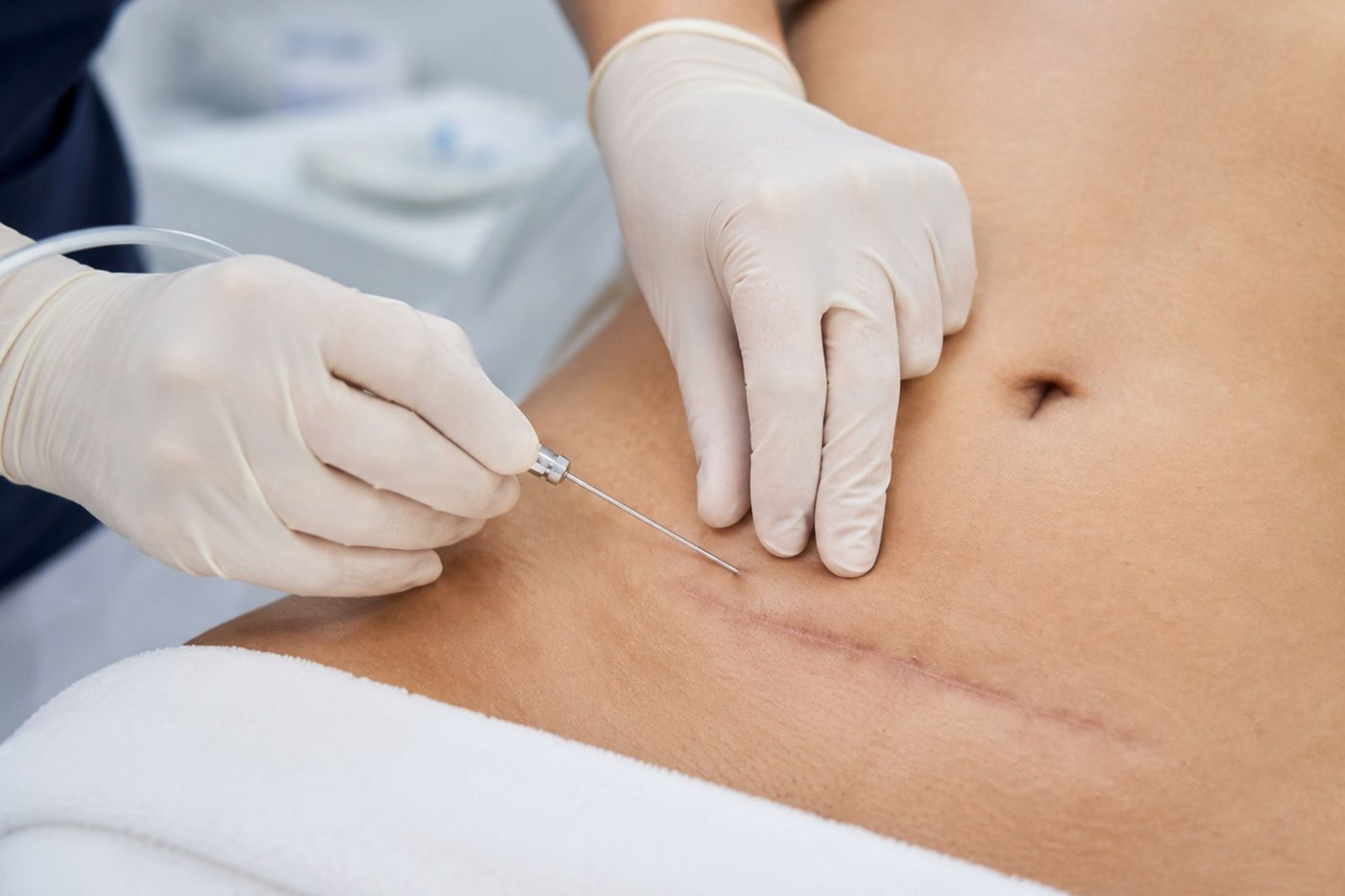 Narbeneinziehung, Narbenretraktion und Wulst an der Kaiserschnittnarbe behandeln: Subcision und Liposuktion